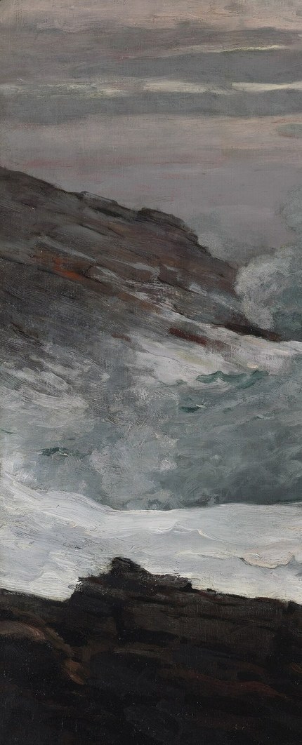 A solid dark anchor against which the wave's violence is measured; its near-black silhouette suggests basalt or granite and frames the chaos with geological permanence
