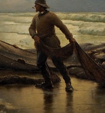 His posture reveals the physical weight of the wet net and the determination required