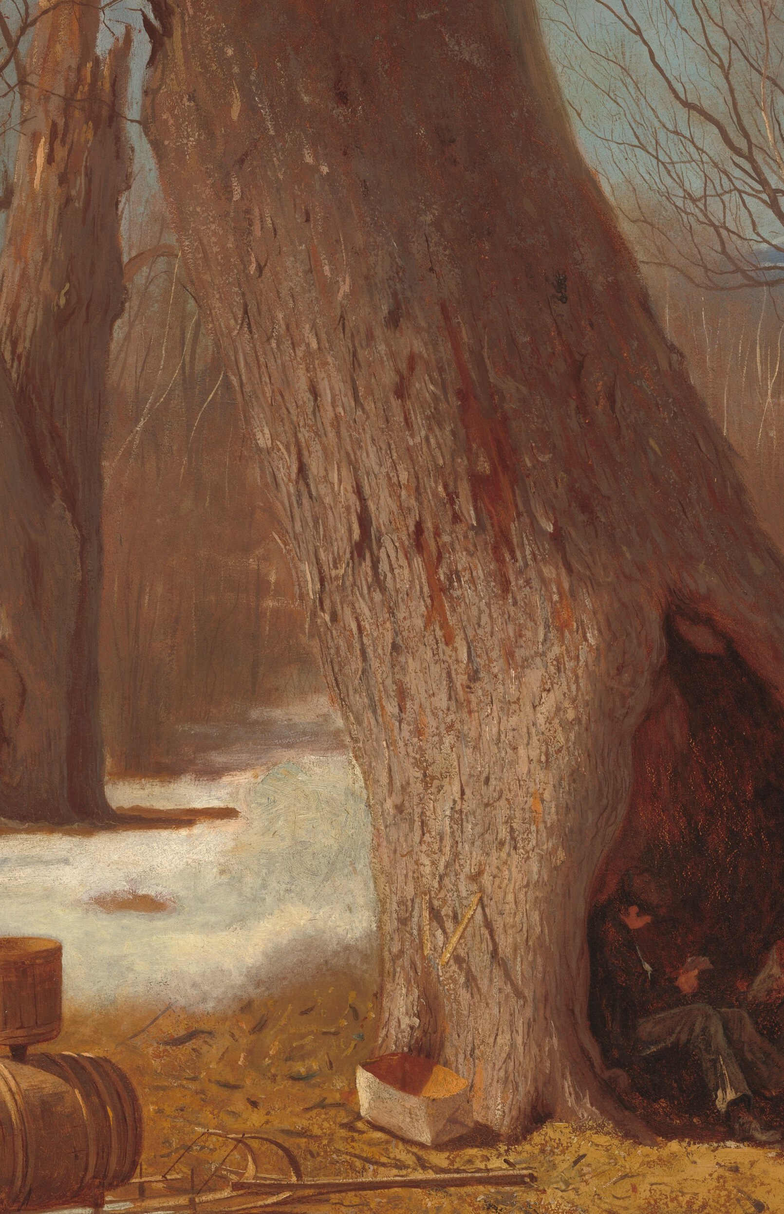 The tree's cavity acts as a shelter, highlighting the contrast between the harsh environment and the human need for refuge.