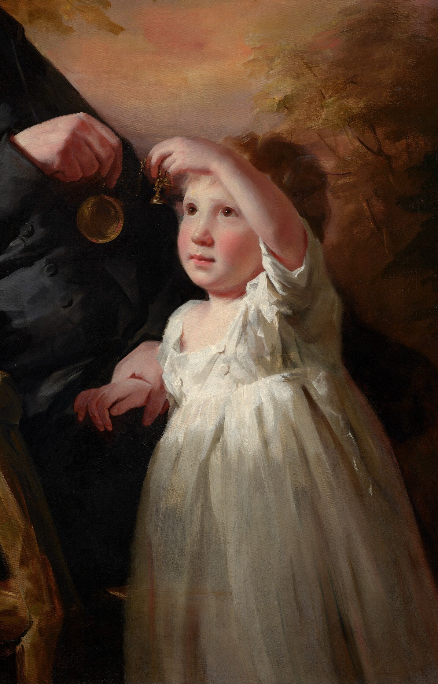 The bright white dress occupies nearly a quarter of the canvas and functions as a counterweight to the grandfather's dark coat , light versus dark, youth versus age, future versus past.