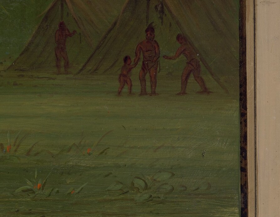 The tent structures symbolize temporary shelter and nomadic life.
