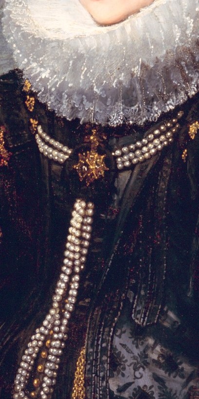 Her multiple strands of pearls added to her high status.