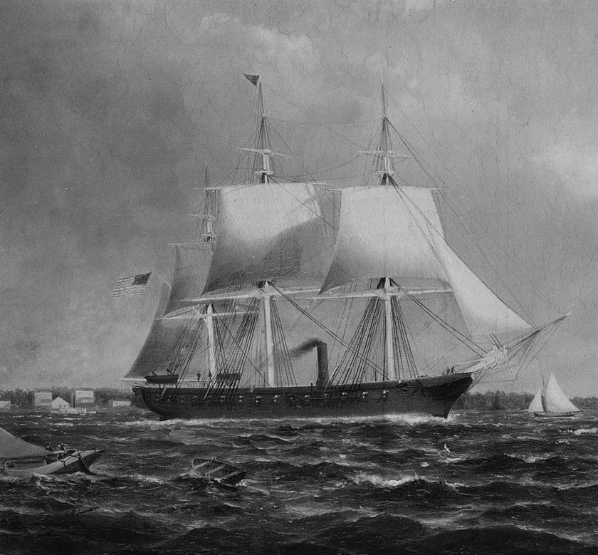 The compositional anchor of the painting; its full rigging silhouette against the sky communicates the era's peak of sail power