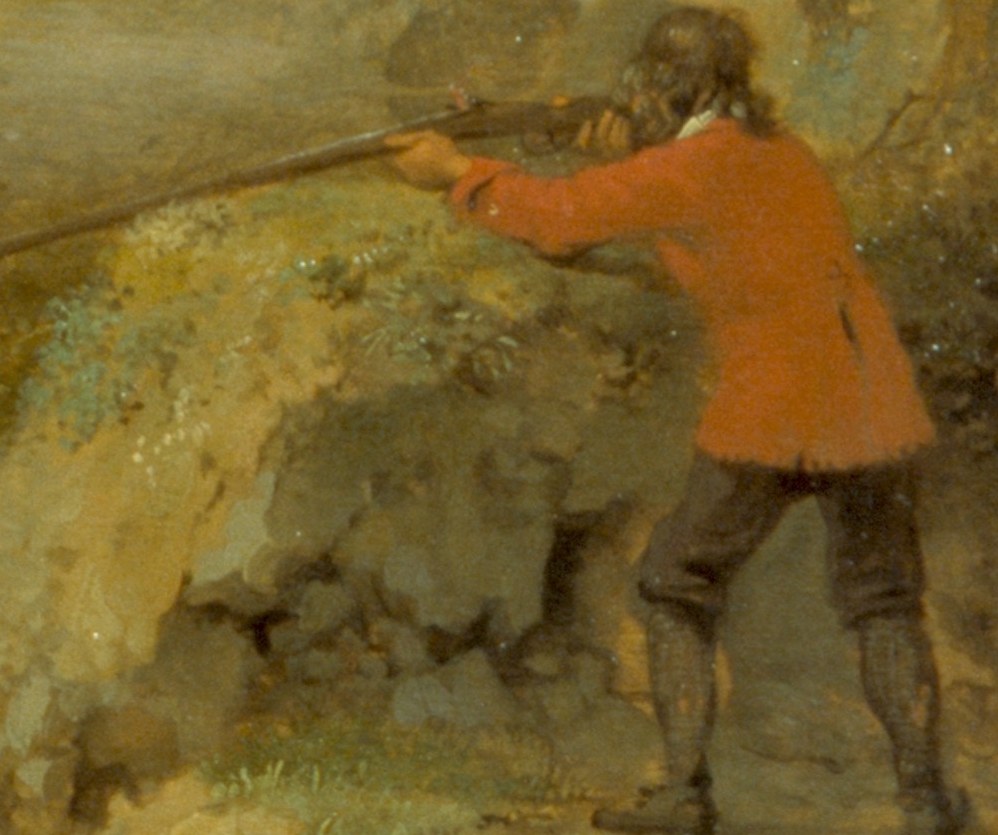 The hunter aims his rifle at a goat on a perilous ledge.