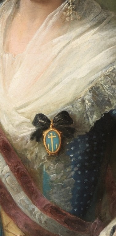 This prominent sash, likely a royal order, signifies her status and authority.
