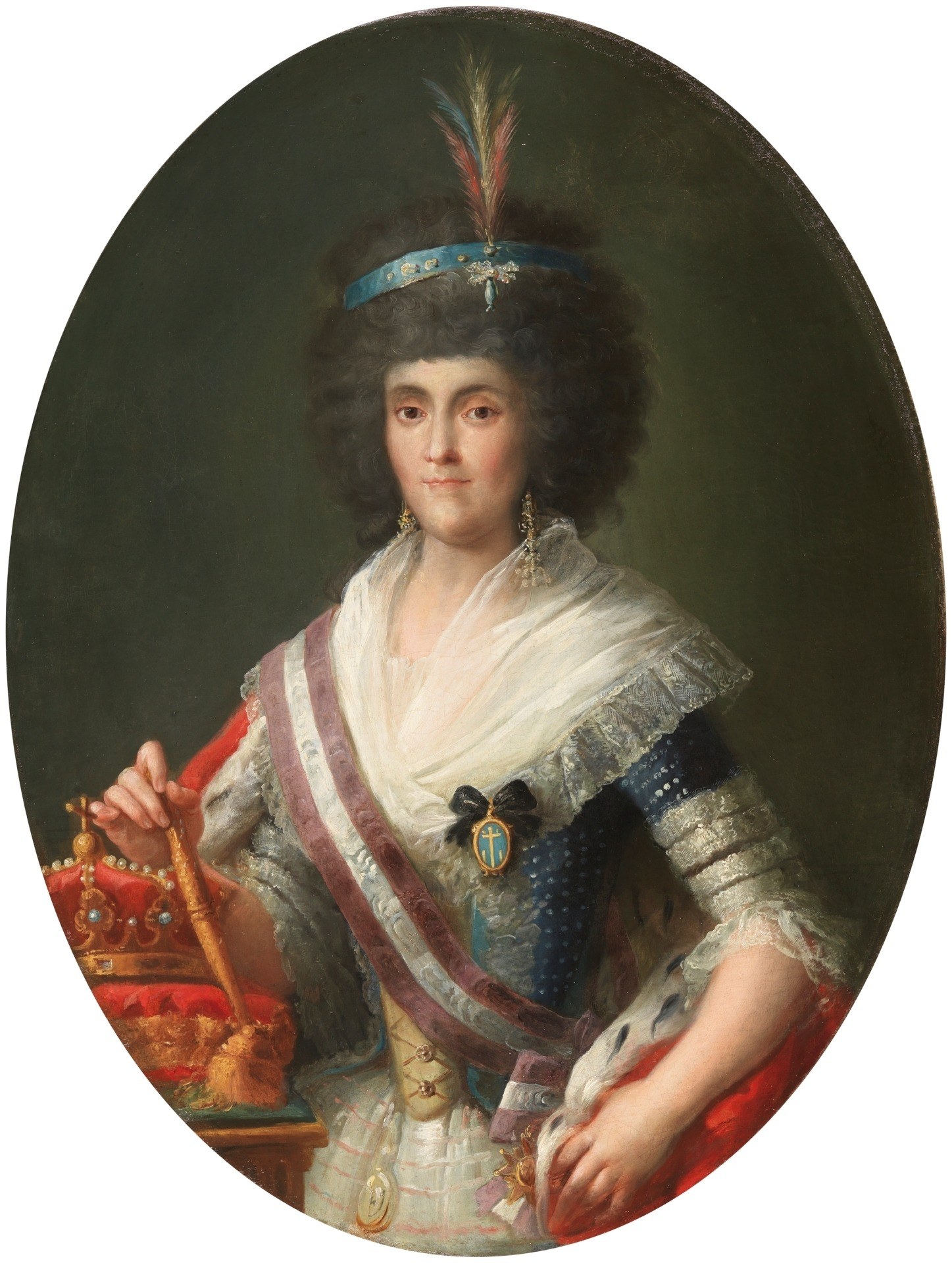 The plain background isolates the figure, focusing all attention on the queen and her regalia.