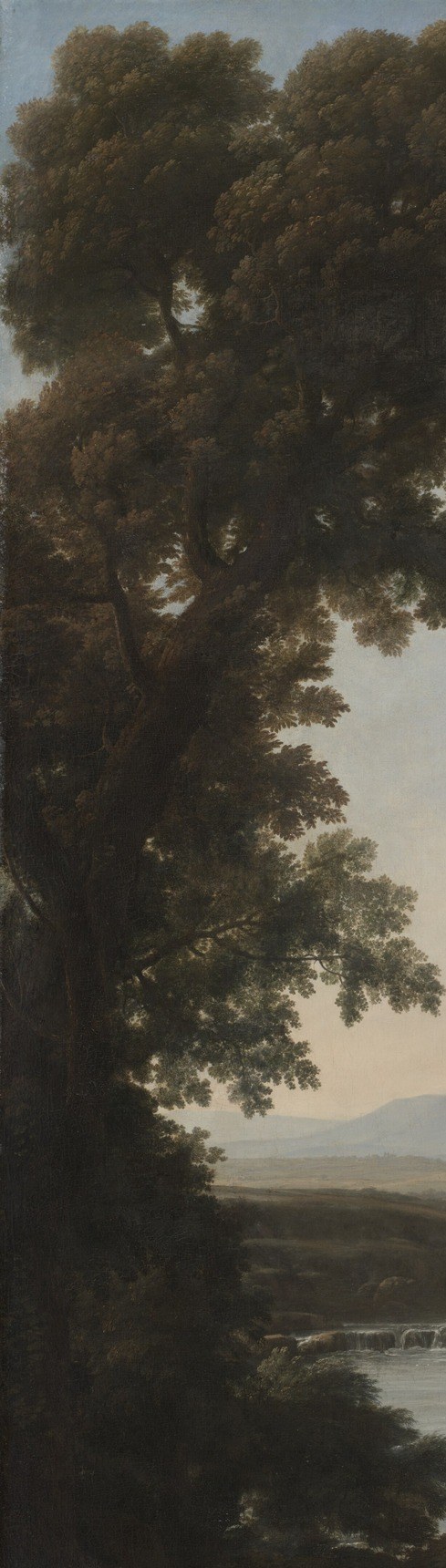 Lorrain's signature repoussoir framing device , the dark foliage creates theatrical depth and draws the eye inward to the light