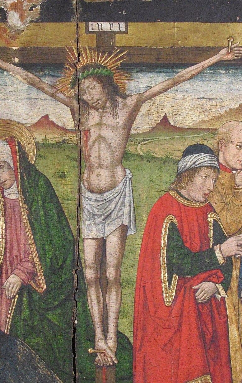 The central devotional subject , crown of thorns, bowed head, and emaciated torso invite close reading of suffering rendered in flat tempera technique.