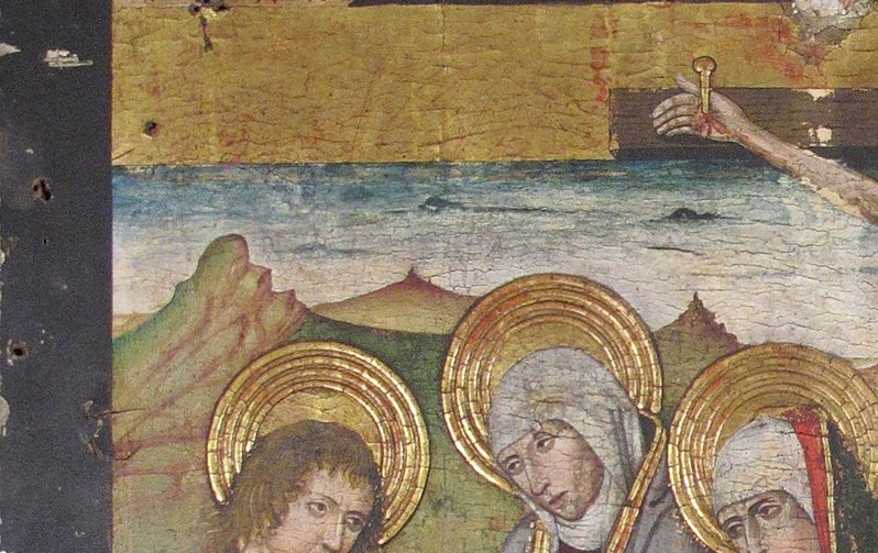 Their gold halos signify their sacred, sorrowful status.