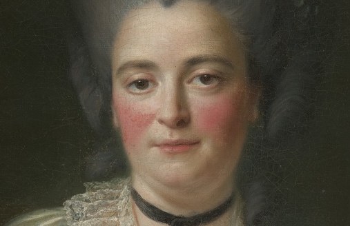 A stark tonal accent against pale skin; the black ribbon was a fashionable accessory of the period and draws the eye directly to the décolletage.