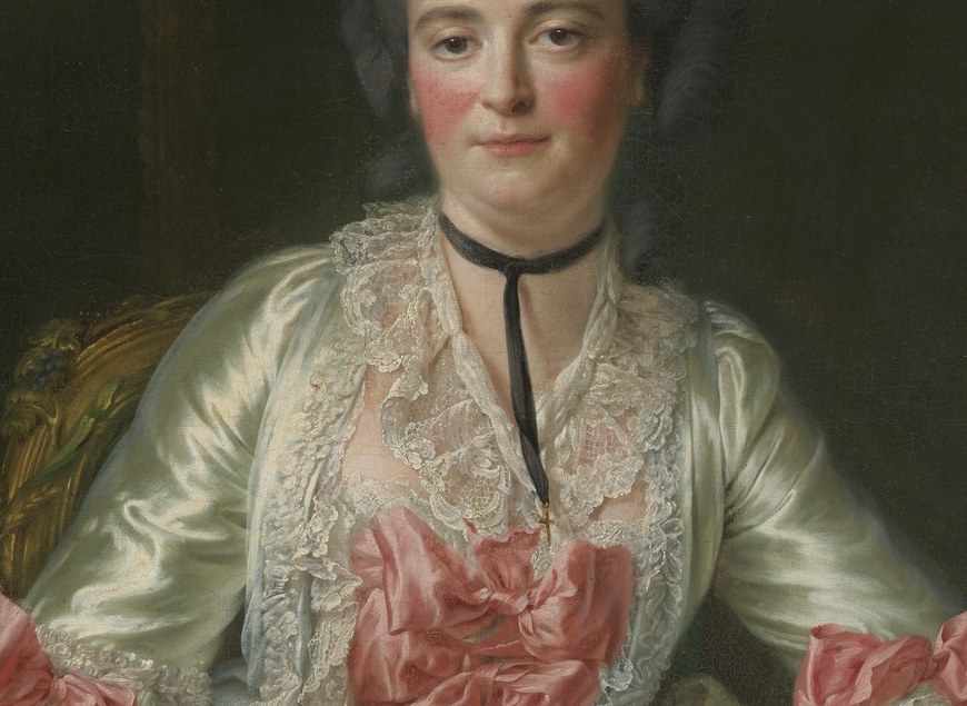 The layered pink bows and cream lace are painted with near-trompe-l'œil delicacy , a virtuoso passage demonstrating Drouais's command of luxurious textile rendering.