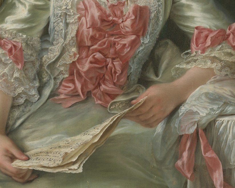 The single prop that signals her theatrical past; sheet music was the period's coded attribute for a woman of the stage or musical accomplishment.