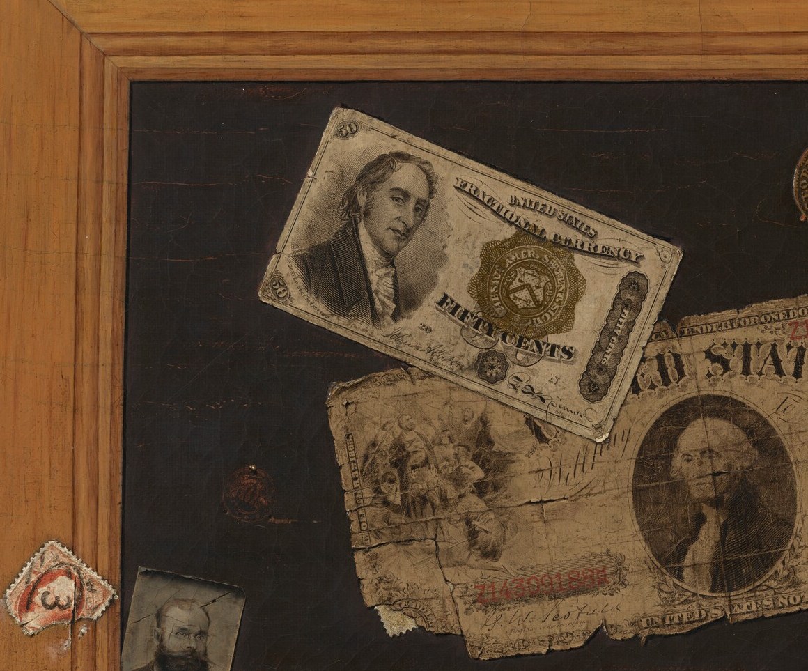 The daring centerpiece , painting U.S. currency was federally illegal after Harnett's 1886 arrest; Haberle deliberately ages and creases it, making it more convincing and the legal provocation more pointed.