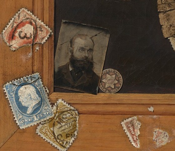 Stamps were legal to depict , a safe harbor next to the illegal bills. Their varied blue, orange, and red tones are the painting's chromatic relief, and each is a miniature portrait demanding its own micro-scale illusionism.