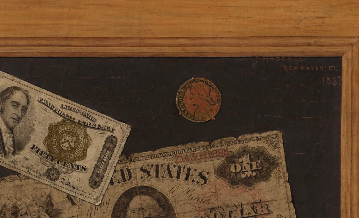 The more legible bill; its printed script reads as real currency at arm's length , exactly the quality that invited federal scrutiny. Its slight diagonal placement breaks the composition's symmetry and adds spontaneity.