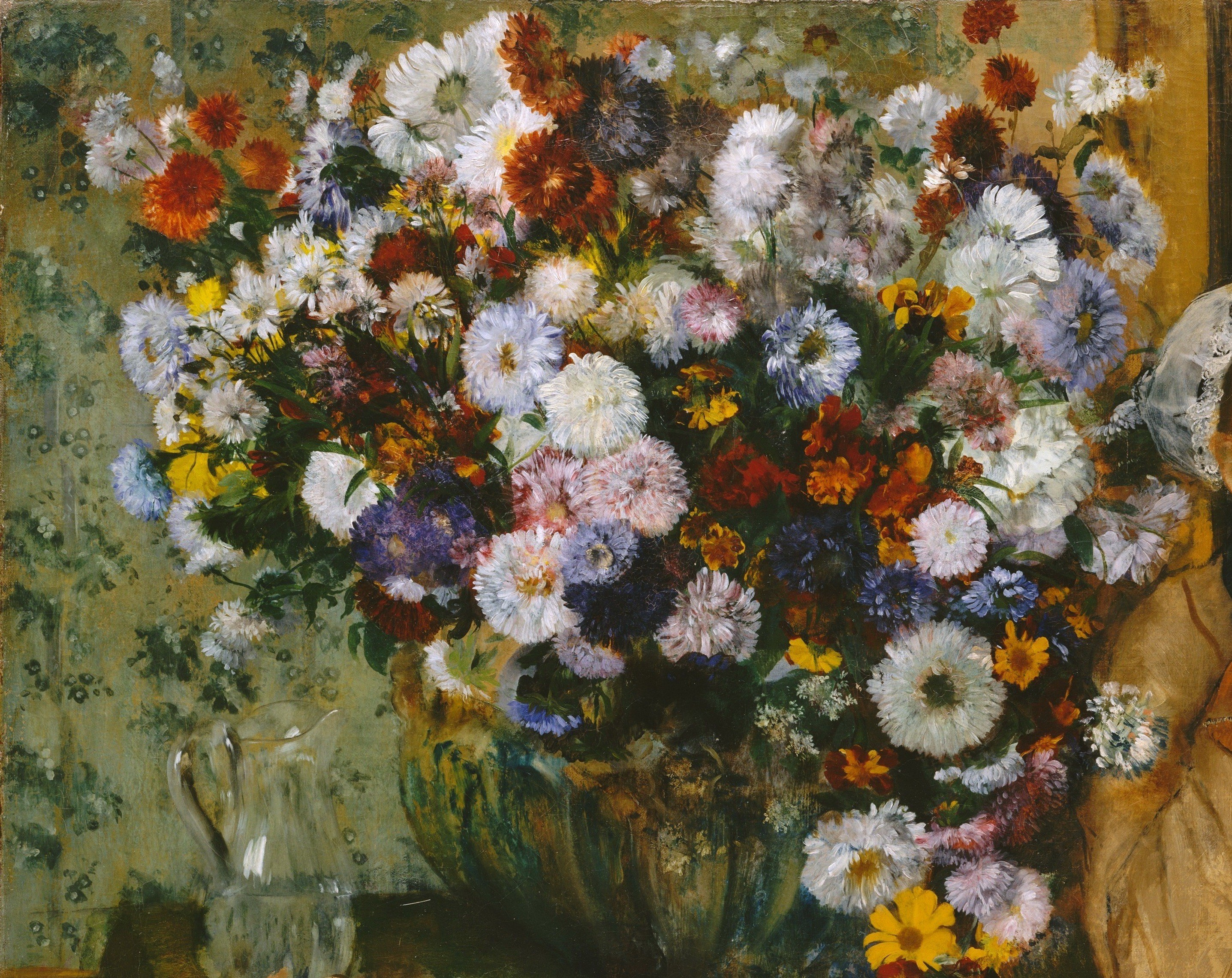 Occupies roughly two-thirds of the picture plane , Degas's radical inversion of portraiture where the still life seizes center stage and the nominal subject is pushed to the margin