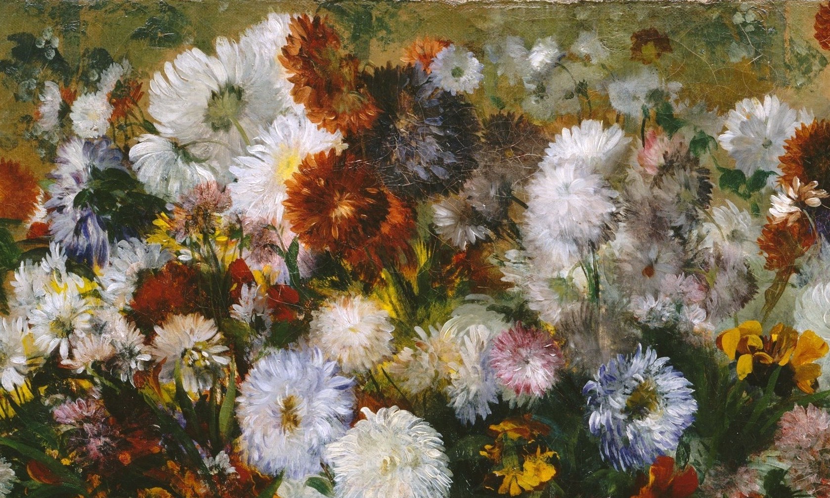 The brightest passage on the canvas; these pale blooms function as the painting's substitute light source and draw the eye upward before any human figure is found