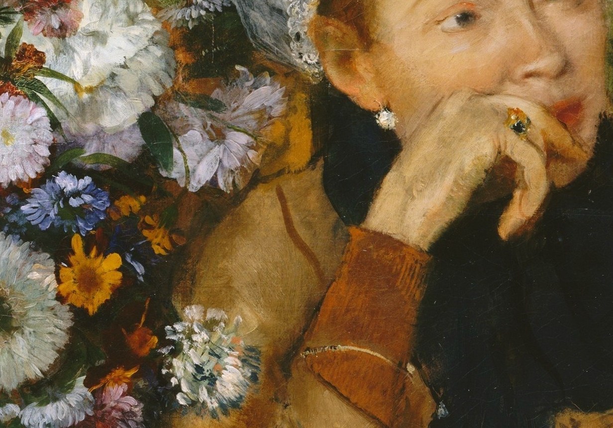 She looks past the flowers and away from the viewer , unguarded and private, the psychological tension of the entire composition lives here