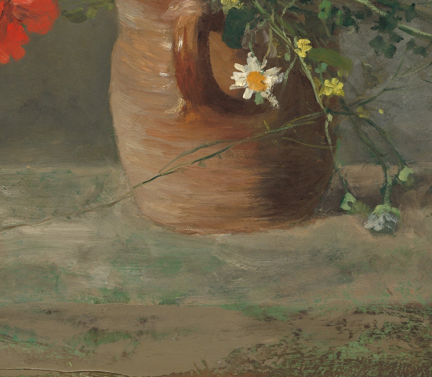 A humble clay vessel whose warm orange tone anchors the composition; its peasant simplicity contrasts with the extravagant blooms above, suggesting Renoir admired beauty without pretension.