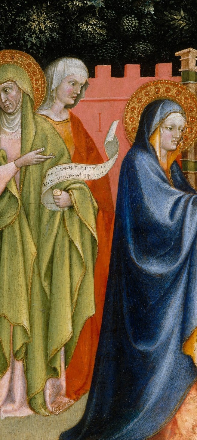 Her saturated blue anchors the whole composition and immediately names her identity; the drapery folds show confident Gothic line-work characteristic of Iberian panel painting ca.1430.