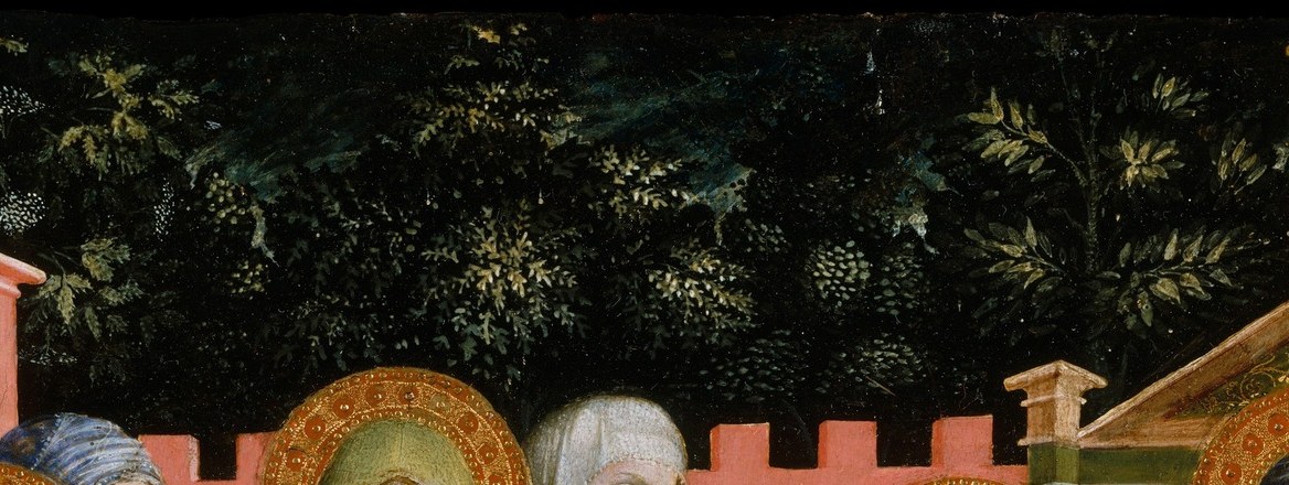 Functions as a theatrical backdrop separating the action from the gold sky above; its crimson color signals civic-ecclesiastical authority and places the scene within a fortified Jerusalem.