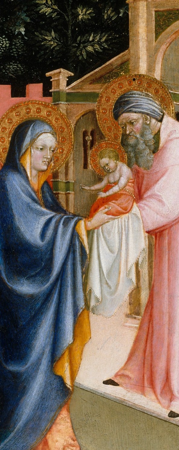 His forward lean and outstretched hands convey reverent urgency , the moment before the Nunc Dimittis; the pink robe deliberately dialogues with Mary's blue across the compositional axis.