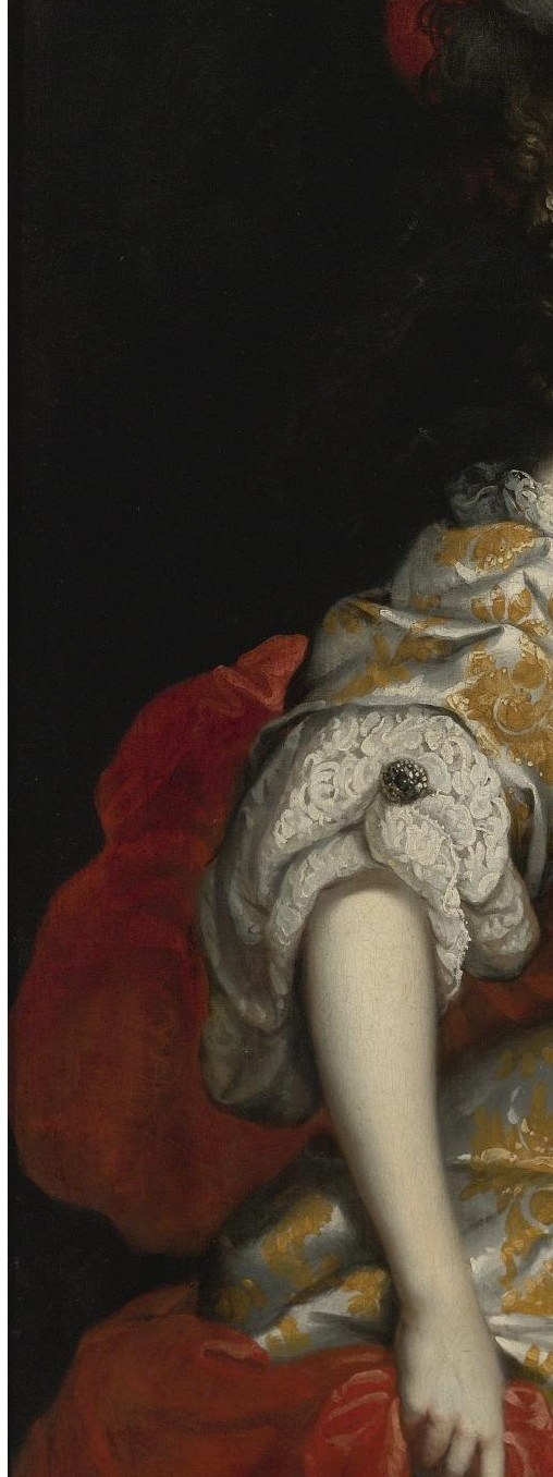 The saturated red creates the painting's dominant color dynamic, framing the figure like a theatrical curtain and anchoring Baroque compositional conventions of elite female portraiture.