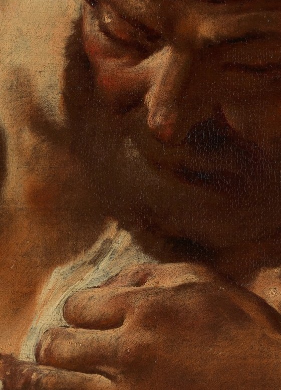 The painter used dramatic light and shadow to sculpt him.