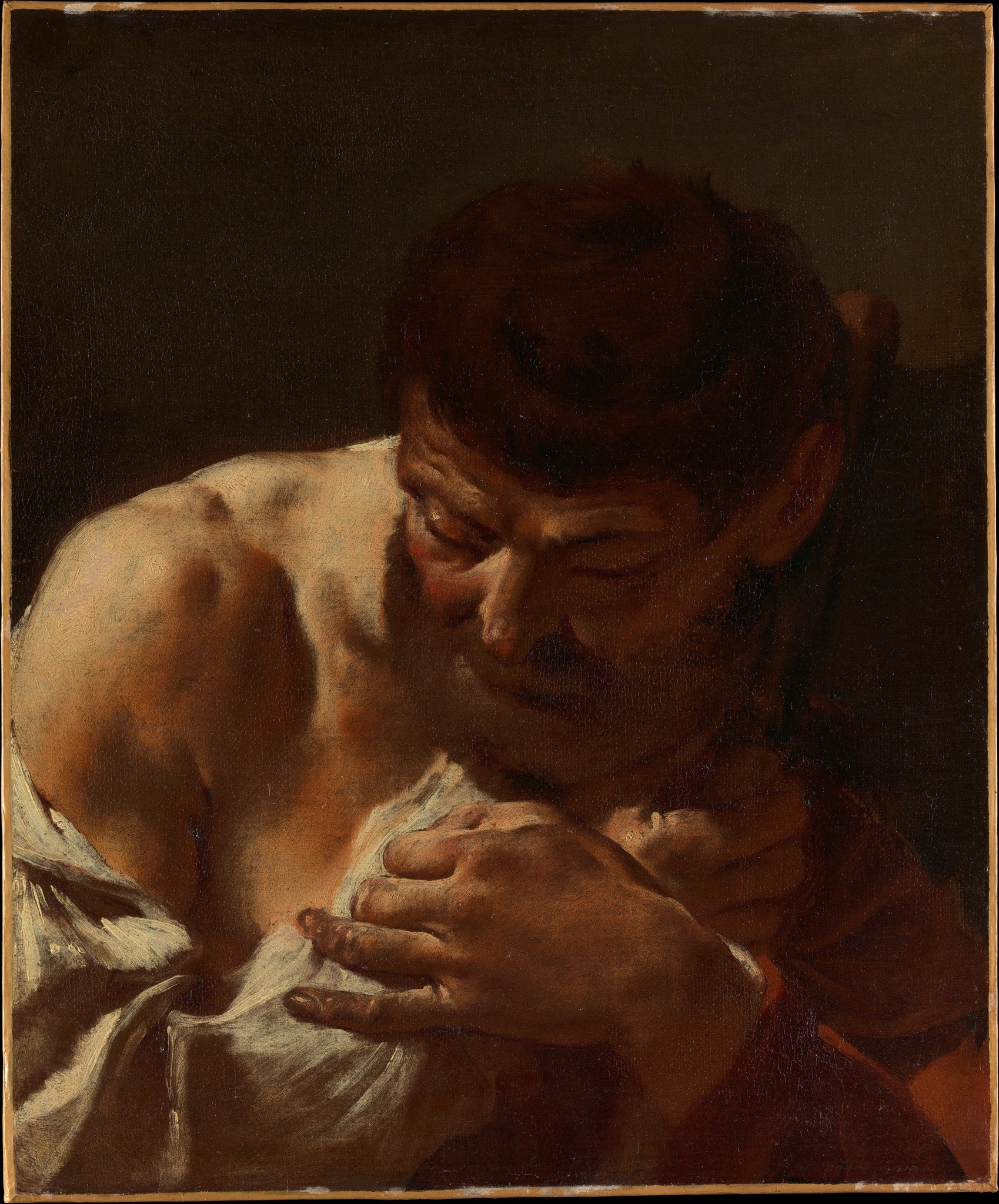 The oppressive darkness isolates the figure and amplifies the mood of the painting.
