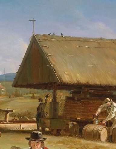 The press is the mechanical heart of the image; Mount documented its operation with near-ethnographic precision, making this a rare visual record of pre-industrial farm technology.