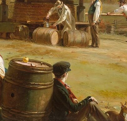The date '1840' painted on this barrel is the political cipher linking rustic cider-making to the Harrison log-cabin-and-hard-cider presidential campaign; a close-up makes the inscription legible and unlocks the entire painting's satirical subtext.