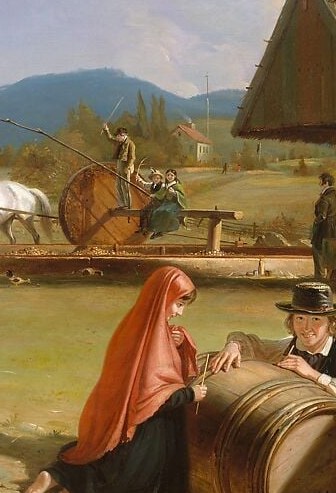 The top hat marks him as a gentleman-observer rather than a laborer; his relaxed posture between the working figures and the genteel woman implies a mediating social role, possibly the patron's stand-in within the scene.