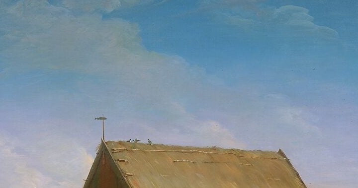 The timber-frame shelter anchors the scene as a specific working farmstead; its vernacular construction details are period-accurate to Long Island circa 1840 and give the painting documentary value.