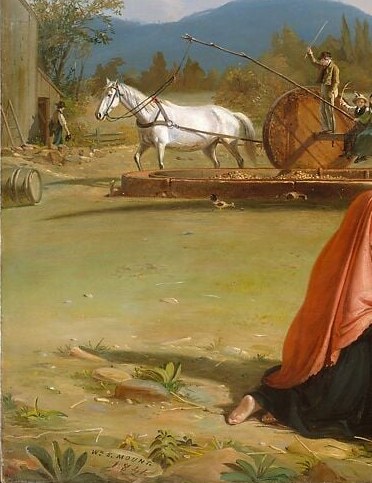 Her vivid scarlet garment is the painting's single chromatic accent amid earth tones, drawing the eye and suggesting she is a spectator rather than a worker , a social distinction Mount often encoded through costume.
