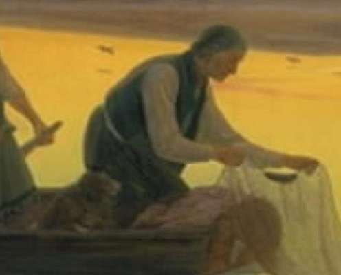An old fisherman prepares his nets for the evening.