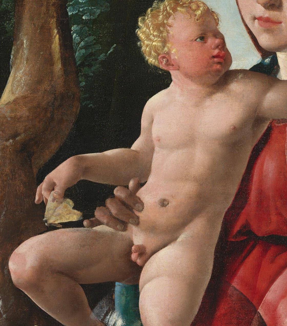 The rendering of his soft skin and plump form emphasizes his vulnerability and humanity.