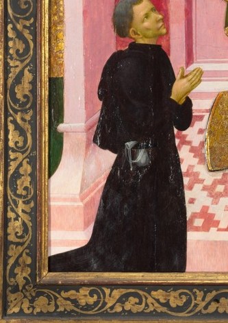 A humble donor kneels at his feet, likely a patron of the work.