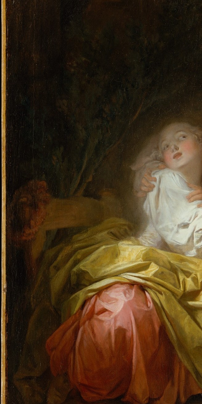 The moral hinge of the scene , her presence and posture determine whether this kiss is secret, sanctioned, or scandalous; without her the painting is flirtation, with her it becomes a tableau.