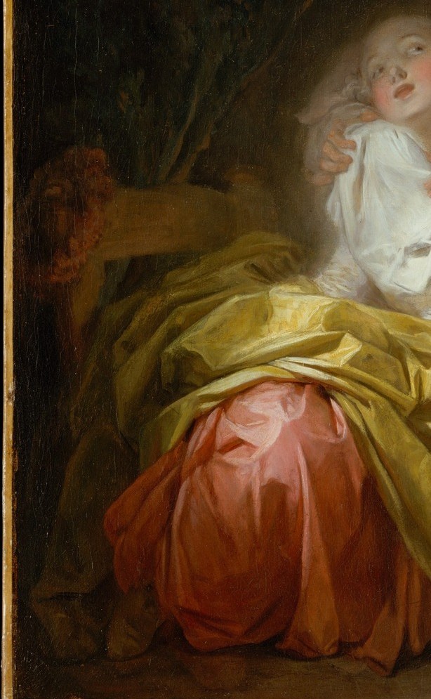 Cool pink against blazing yellow , Fragonard uses the color counterpoint to signal emotional remove while keeping the observer visually present.