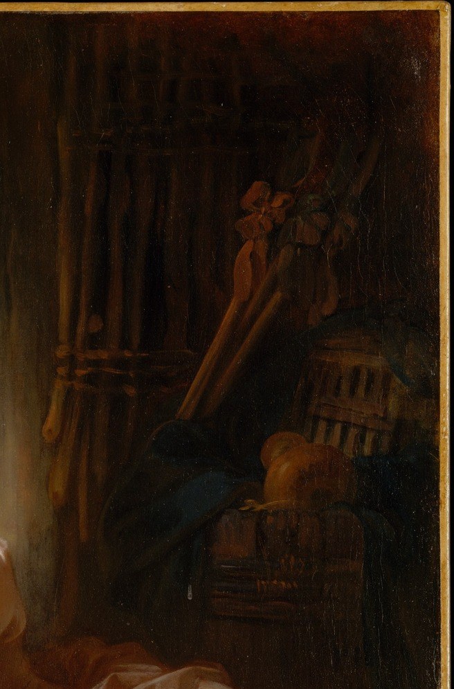 The curtain shuts off the room and frames the scene like a stage flat , a recurring Fragonard device that turns a domestic interior into a private theater of desire.