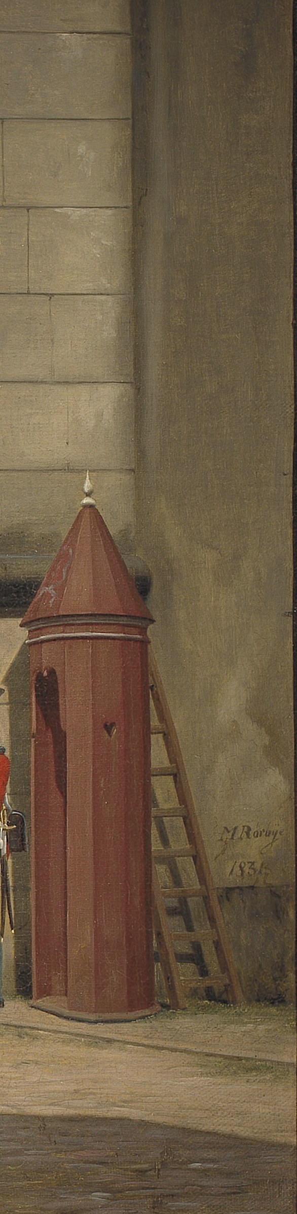 The red pillar on the right marks the edge of the real and the painted.