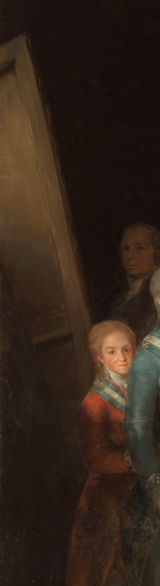 Direct homage to Las Meninas , Goya inserts himself as a shadowed witness, barely legible, encoding the artist's quiet ironic authority over his royal subjects