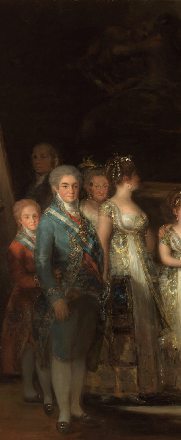 A portrait-within-the-portrait , several faces stacked in a compressed wedge, Goya differentiating each character despite the crowd
