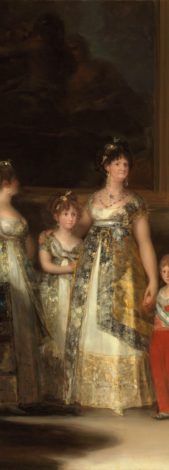 Goya's famously unflattering candor , her aged face and commanding posture made this portrait a scandal; she dominates the composition while the king recedes