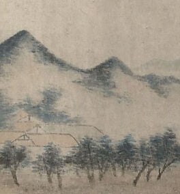 The heaviest ink in the painting anchors the left margin; the contrast between these near-black strokes and the pale washed mountains beyond creates the scroll's only strong tonal drama.