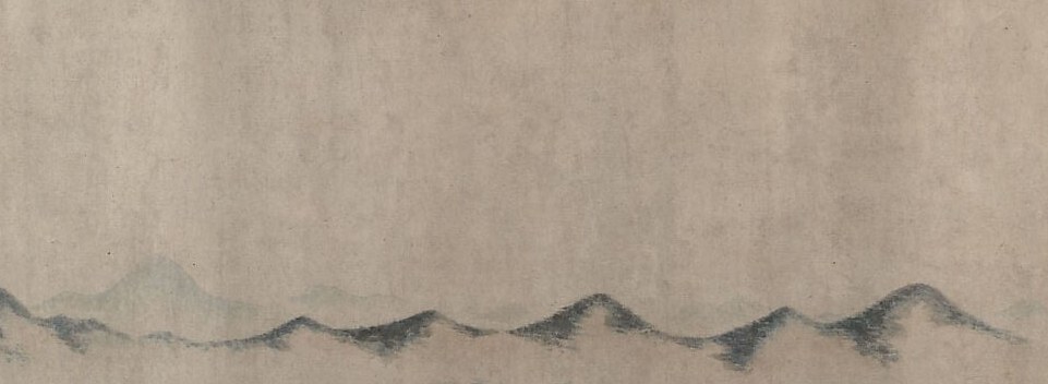 The central visual event of the handscroll , a long procession of peaks rendered in layered blue-gray wash that lightens and recedes; the horizontal sequencing teaches the eye how a scroll is meant to be 'read' from left to right.
