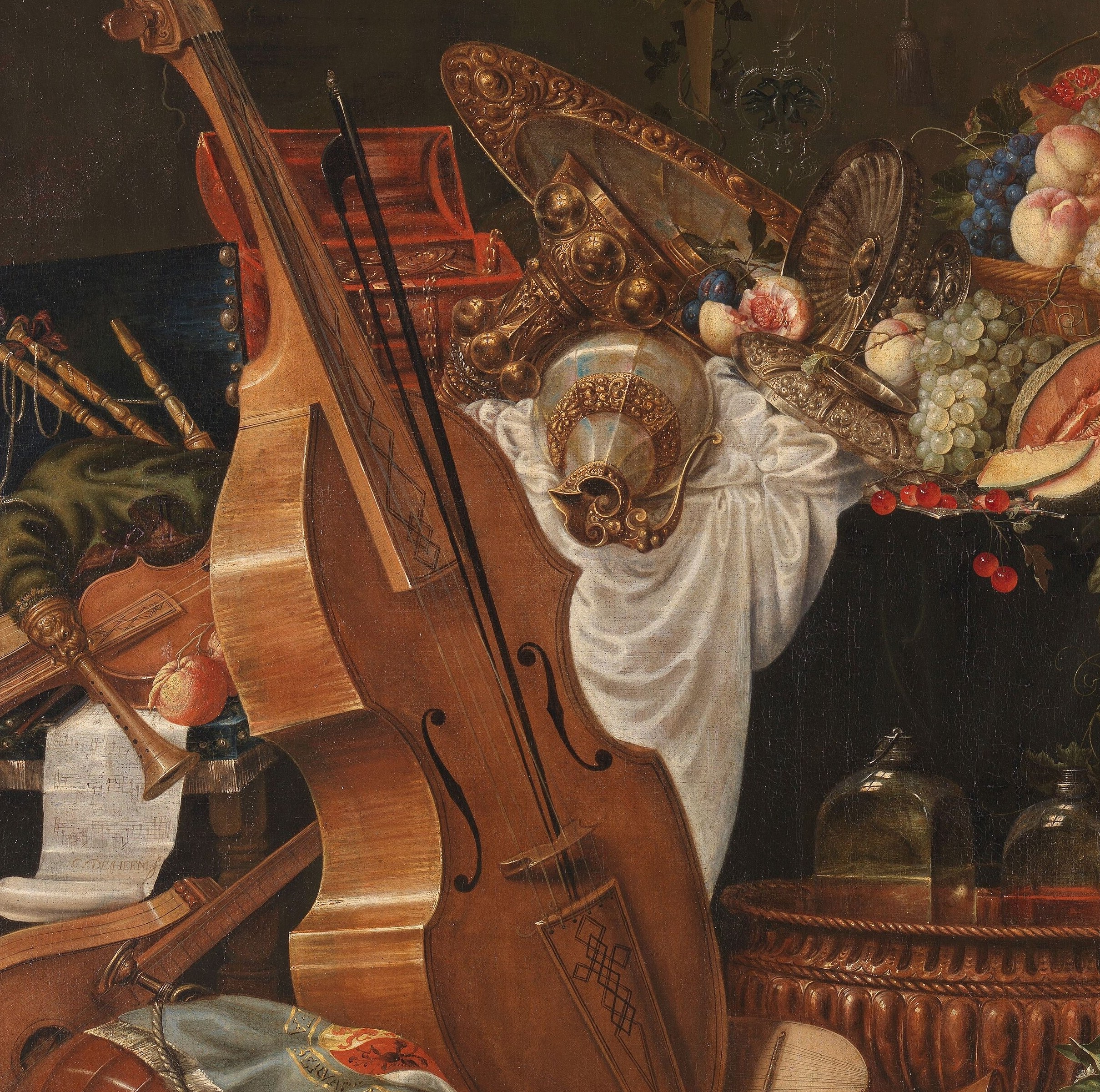 The steep gradient from lit wood to deep shadow across the cello and lute surfaces is the technical heart of the picture , Gruber's chiaroscuro at its most deliberate.