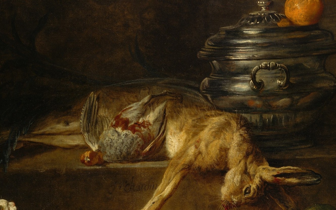 The gutted belly and limp pose are the moral core of the painting , raw preparation for the pot, memento mori in still-life form