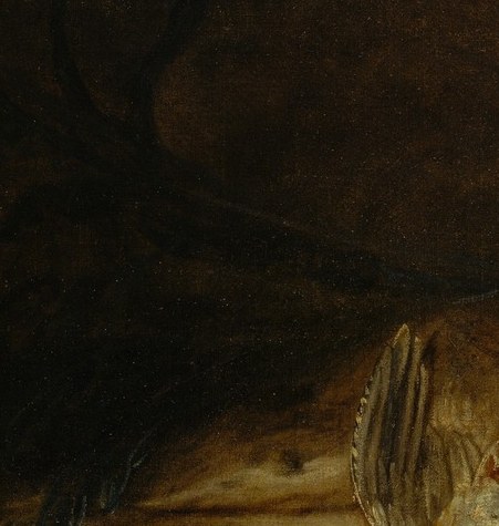 The ear's soft texture and downward hang emphasize lifelessness; a favorite detail for Chardin to demonstrate his handling of fur