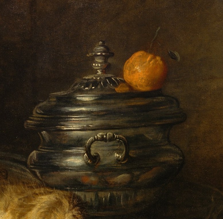Its mirrored surface picks up reflections of the room; the contrast between costly vessel and dead animal underscores the domestic hierarchy of luxury and labor